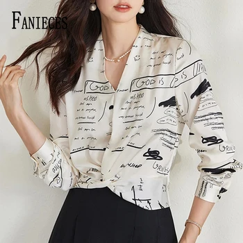 여성용 V넥 새틴 블라우스 풀오버 상의, 빈티지 긴팔 패션, 레터 프린트, 여성 셔츠, 가을 