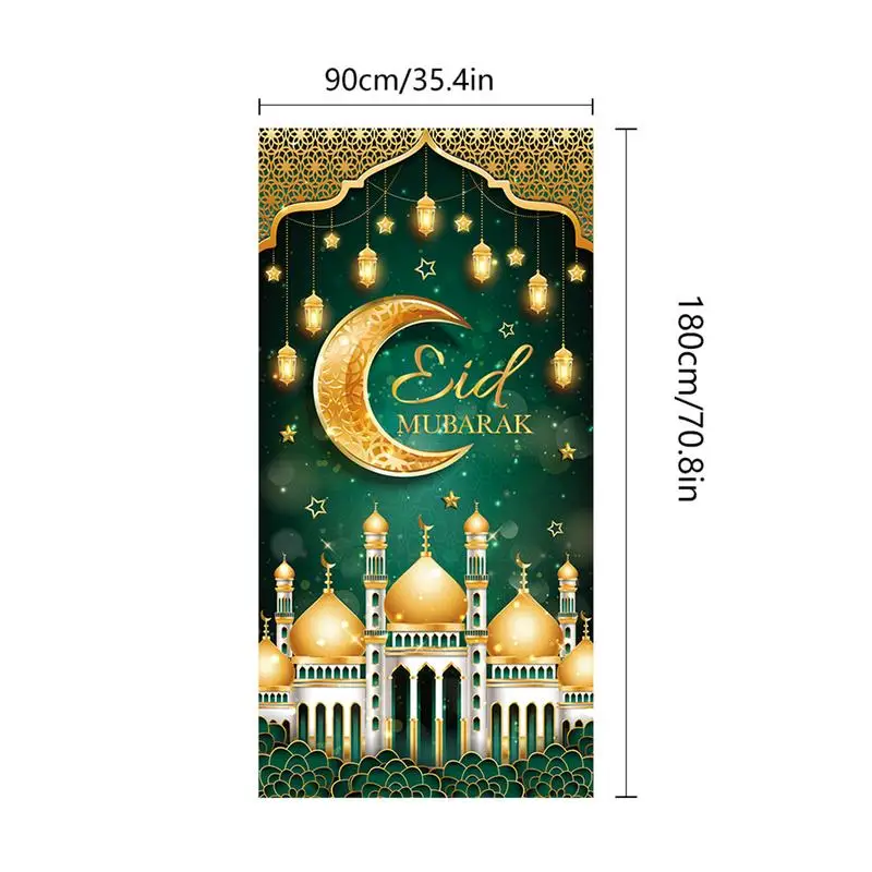 Green And Golden Porch Banner For Home 90x180cm Star Moon Lamp Print Religious Blessings Door Poster Waterproof Polyester