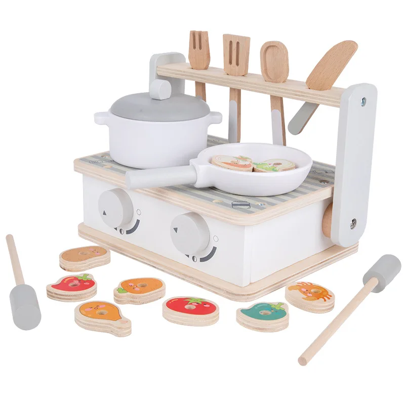 Simulation Children's Mini Kitchen Cooktop Multifunctional Folding Wood Barbecue Grill Role Play Game Kids Gifts Wooden Toy Set