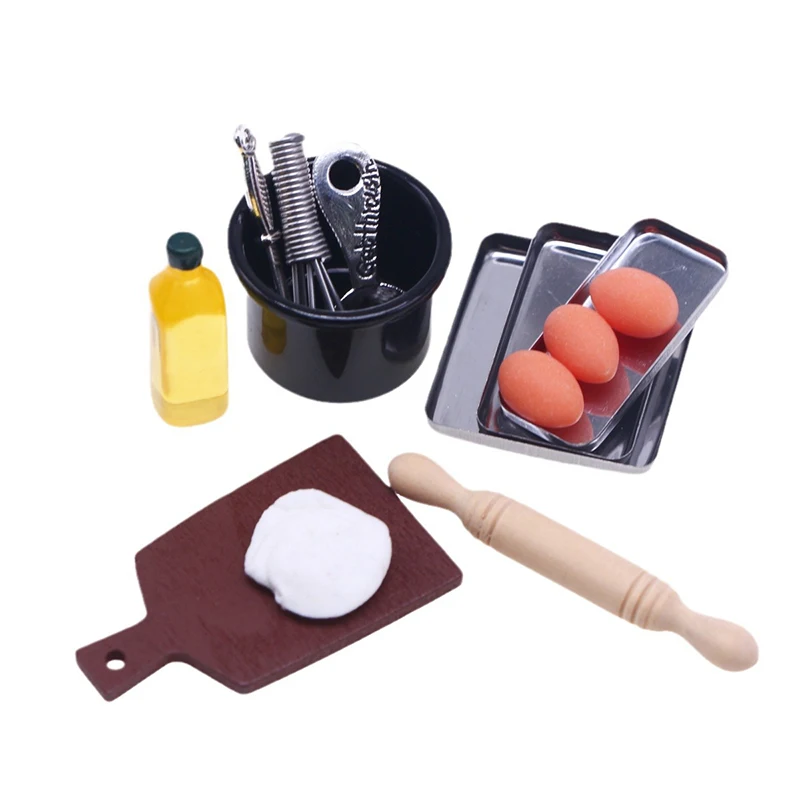 1 Juego de Mini accesorios de cocina para casa de muñecas, escena de juego de comida para muñecas, rodillo, batidor de huevos, modelo de utilería