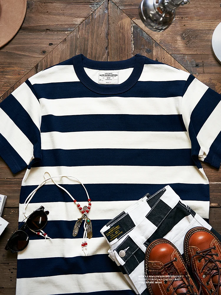 

Мужская футболка в американском ретро-стиле из утолщенного хлопка с черно-белыми полосками, в японском стиле, с коротким рукавом, летняя, для мотоциклистов