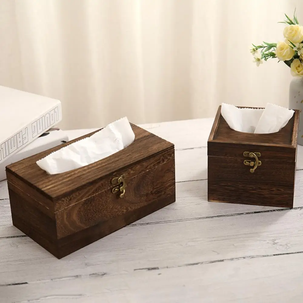 Solid Wood Tissue Case Vintage Metal Lock Desktop Tissue Box Household Home Living Room Decoration Storage Box Napkin Holder