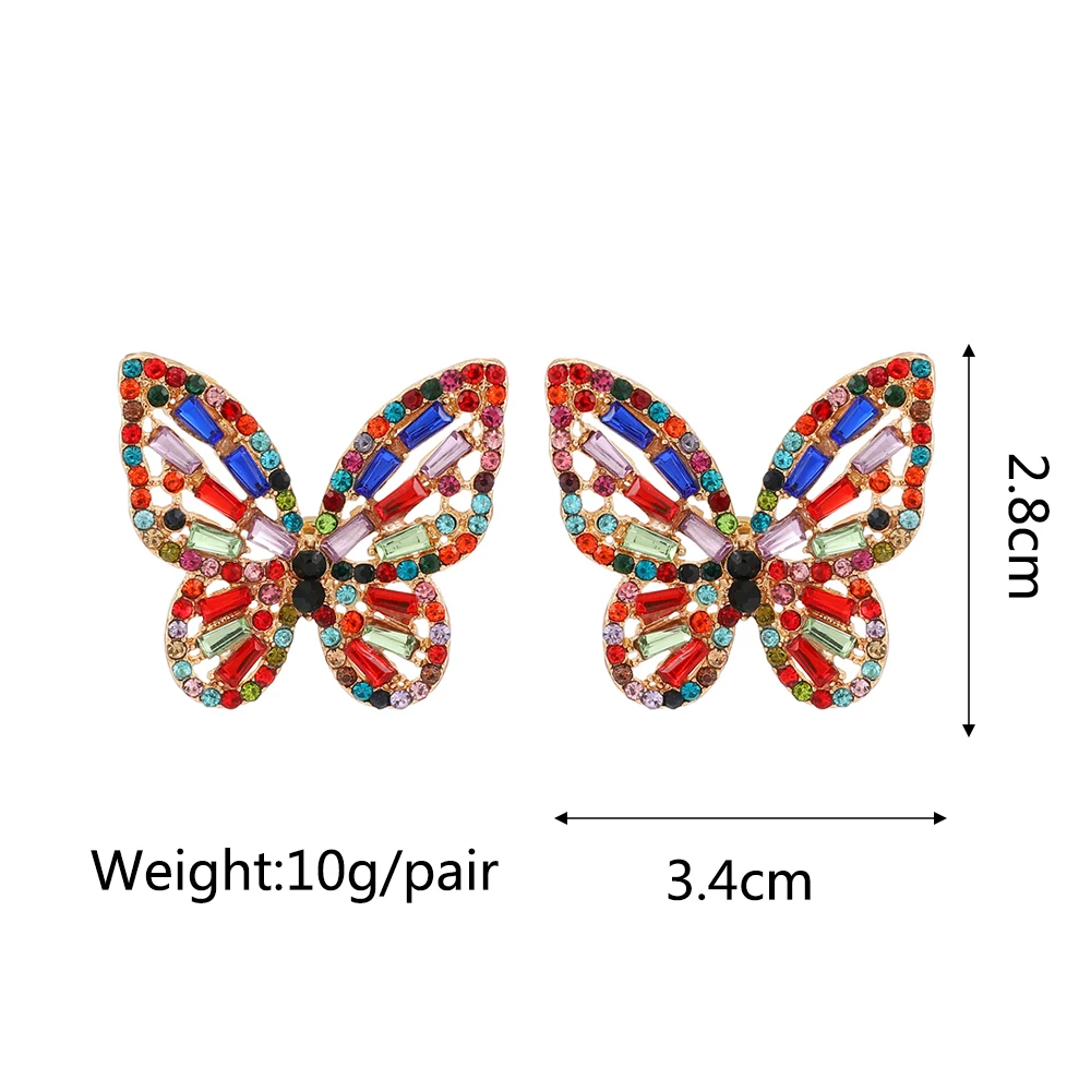 Elegant Luxury Butterfly Design Earrings Women Korean Fashion Colorful Crystal Ear Piercing Studs Cute Fairy Temperament Jewelry