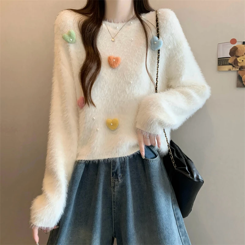 الكورية Sle ort محبوك سترة القلب القرد المنك المخملية الخريف الشتاء جديد Faion الدفء مباشرة محبوك اللون