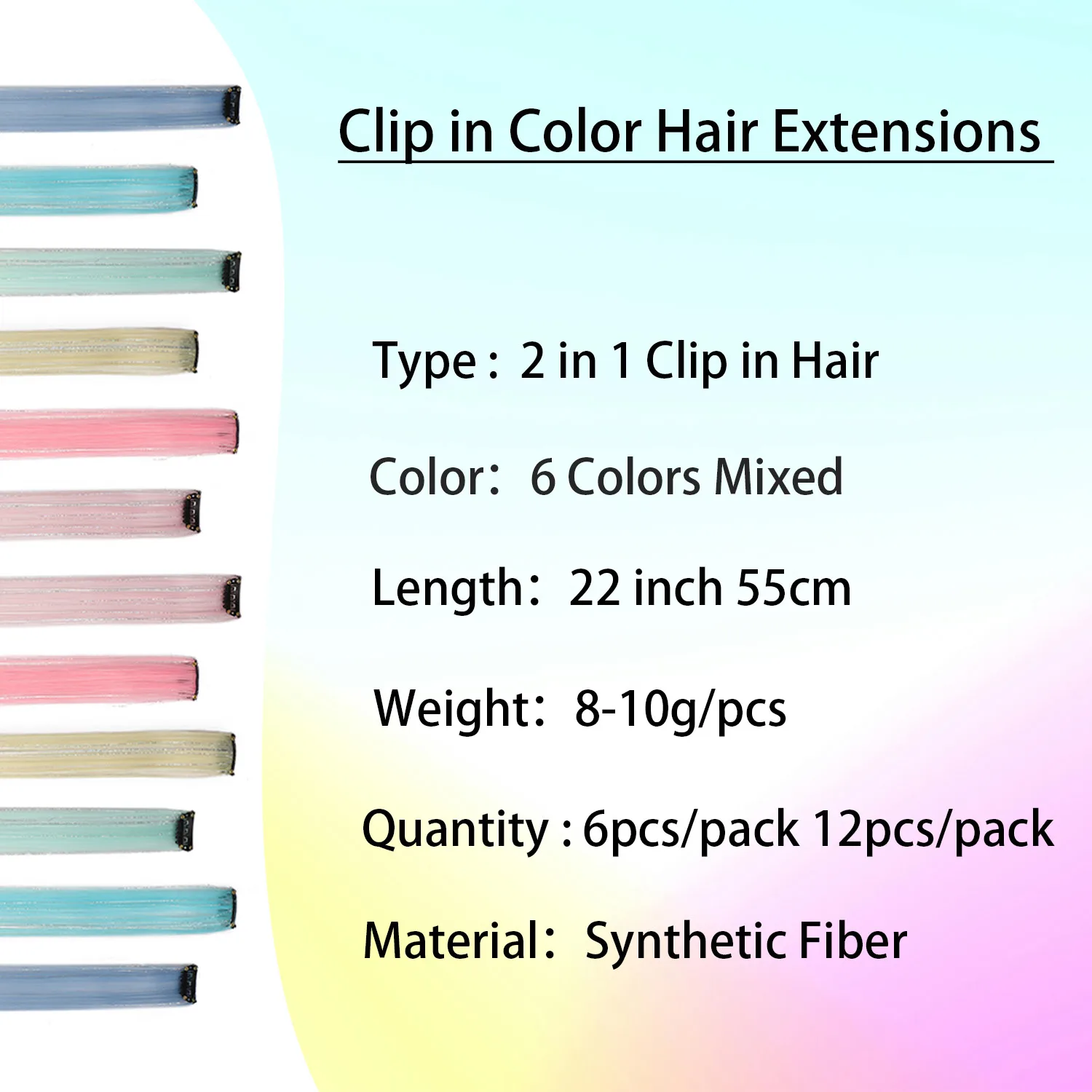 Multicolor Clip in Hair Extensions Mix Tinsels Colored Hair Extensions, 2 in 1 Rainbow Hair with Silver Tinsels for Kids Girls