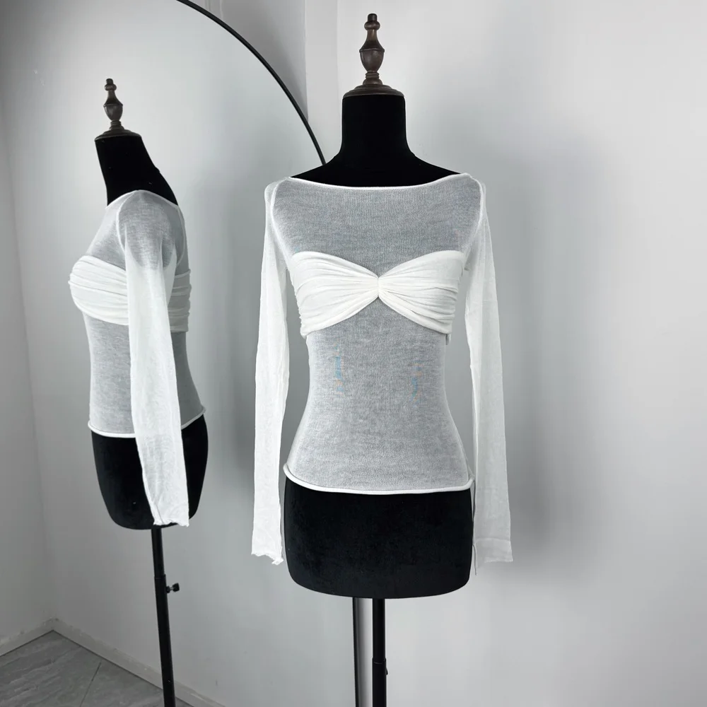 Tuularose Mesh Sheer Off-Shoulder Top Shirt Women New Long Sleeve See-Through Lace Knit Pullover Tops Summer Mesh Top Tee Shirt