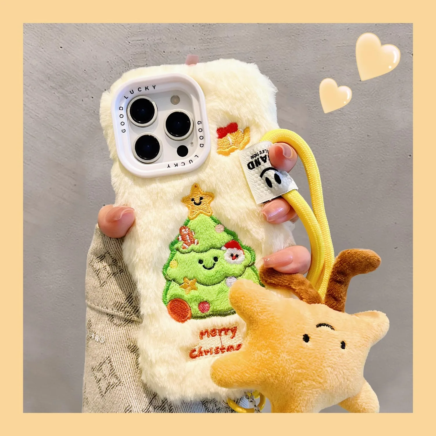 Winter Plush Christmas Tree Phone Case For iPhone 16 15 14 13 12 Pro Max 16 Wristband Doll Pendant Shockpoof With Lanyard Cover