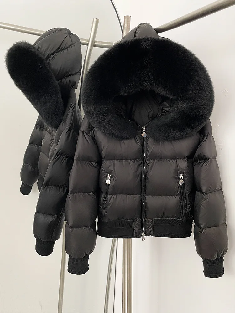 ZMEENNA المرأة أسفل سترة منتفخة هود حقيقية الفراء تقليم معطف الشتاء القصير الدافئة مبطن أبلى مع الأصفاد مضلع ZM3827