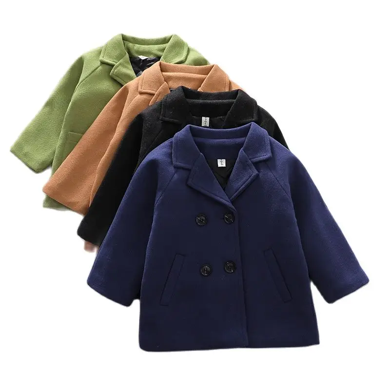 

2025Spring Boys Jackets Child Girl Woolen Double-breasted Baby Trench Coat Lapel Autumn Kids Outerwear Winter Wool Overcoat 2-7Y