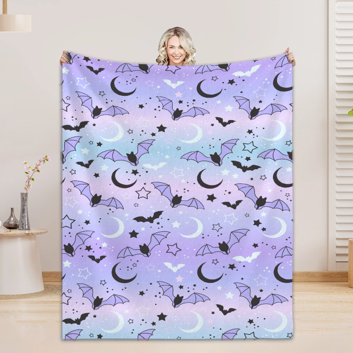 

1pc Happy Halloween Blanket Purple Sky Bats Moon 3D Print Flannel Blanket for Home Living Room Decoration Halloween Party Gift