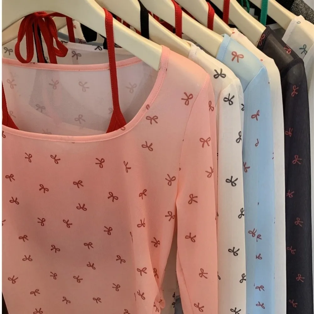 Fashion Bow Print Off Shoulder Blouse Mesh Long Sleeve Sheer Shirt Sun Protection Slim Fit Y2K Beach Tops
