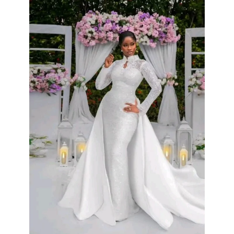 

Customized Muslim Mermaid Wedding Dress 2026 with Detachable Overskirt High Neck Long Sleeve Bridal Gown Vestido De Novia