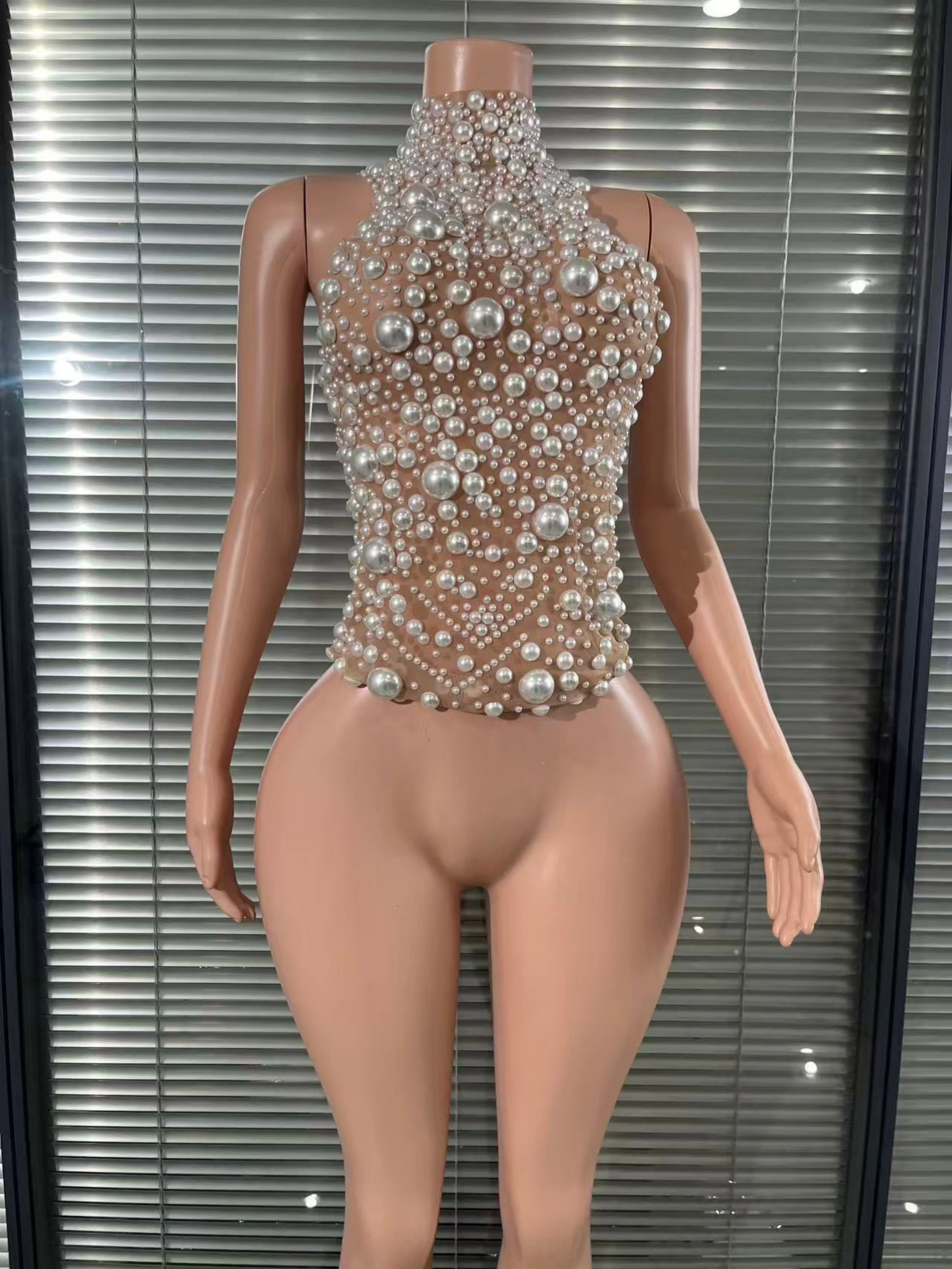 

Shinning Beading Embellished Women Sexy Mesh See Through Laced-up Bodycon Tops Celebrate Nightclub Party