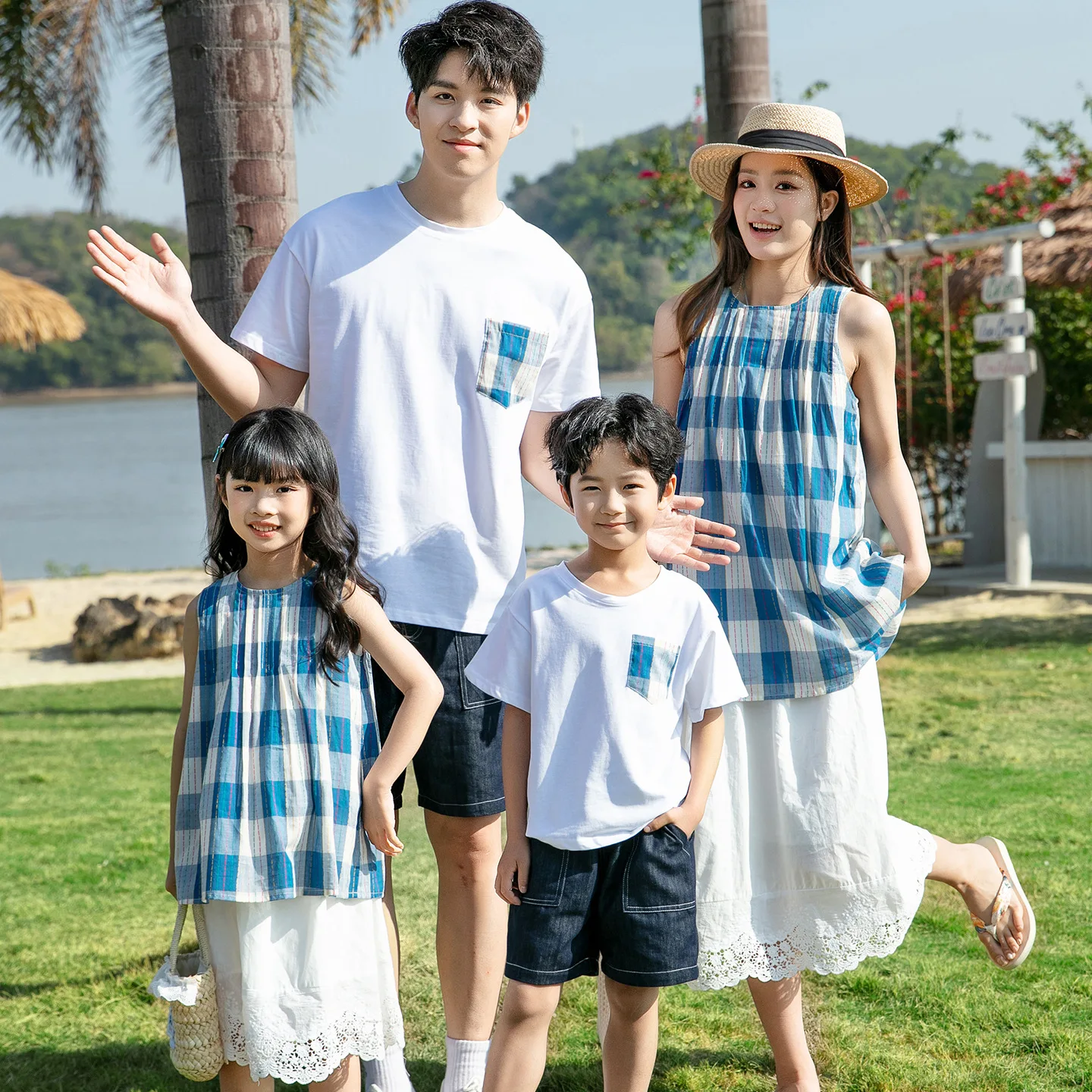 2026 Summer Korean Style Family Matching Outfits Plaid Mom Daughter Vest Skirt Couple Wear Father Son Tees Holiday Family Look