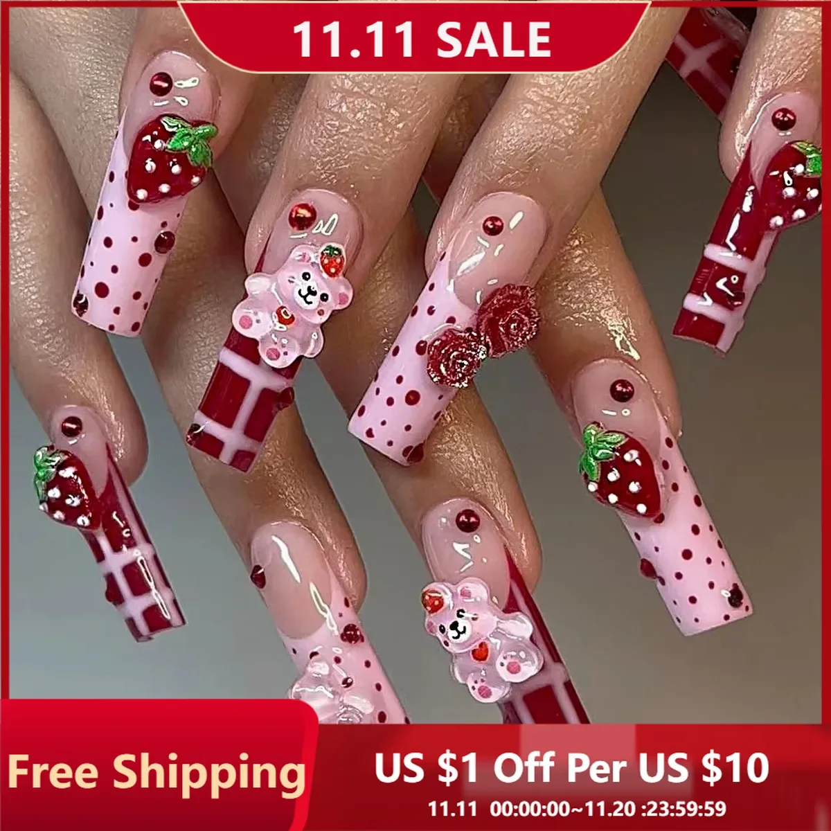 

24PCS Sweet Long Strawberry Cute Bear False Nails Designs Fake Nails For Women Girls On Nail Art Embellishment Wearable Nails