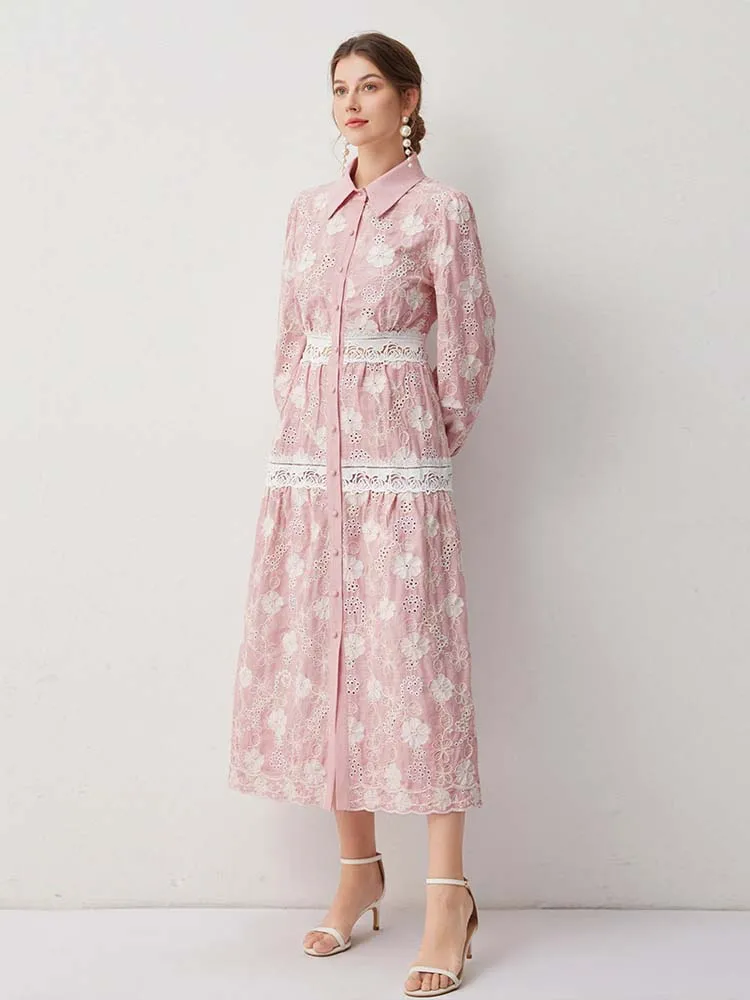 Luxury Vintage Floral embroidery shirt dress Women's 2025 New Elegant Long sleeve lace patchwork Midi dresses Beach INKEO 5D134
