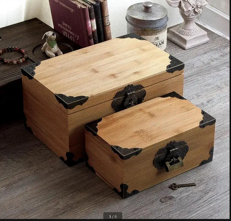 European Retro Rectangular Wooden Jewelry Box with Lid Lock Home Desktop Organizer Food Storage Cosmetic Container