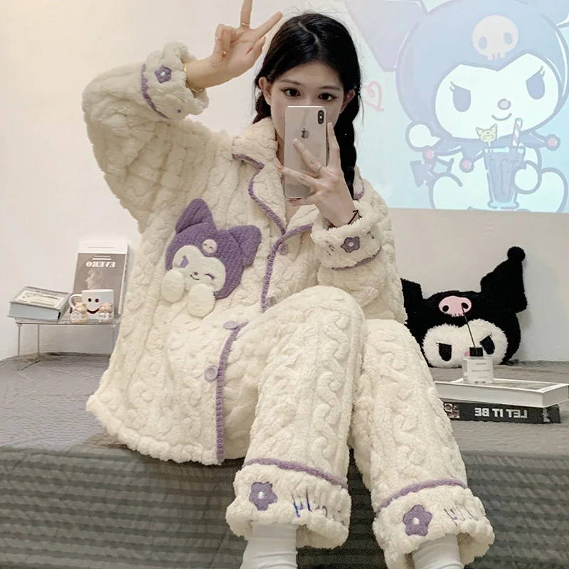 Sanrio Series Cute Kuromi Winter Coral Velvet Pajamas for Girls Thickened Velvet Home Clothes Set Cartoon Kuromi Warm Pajamas