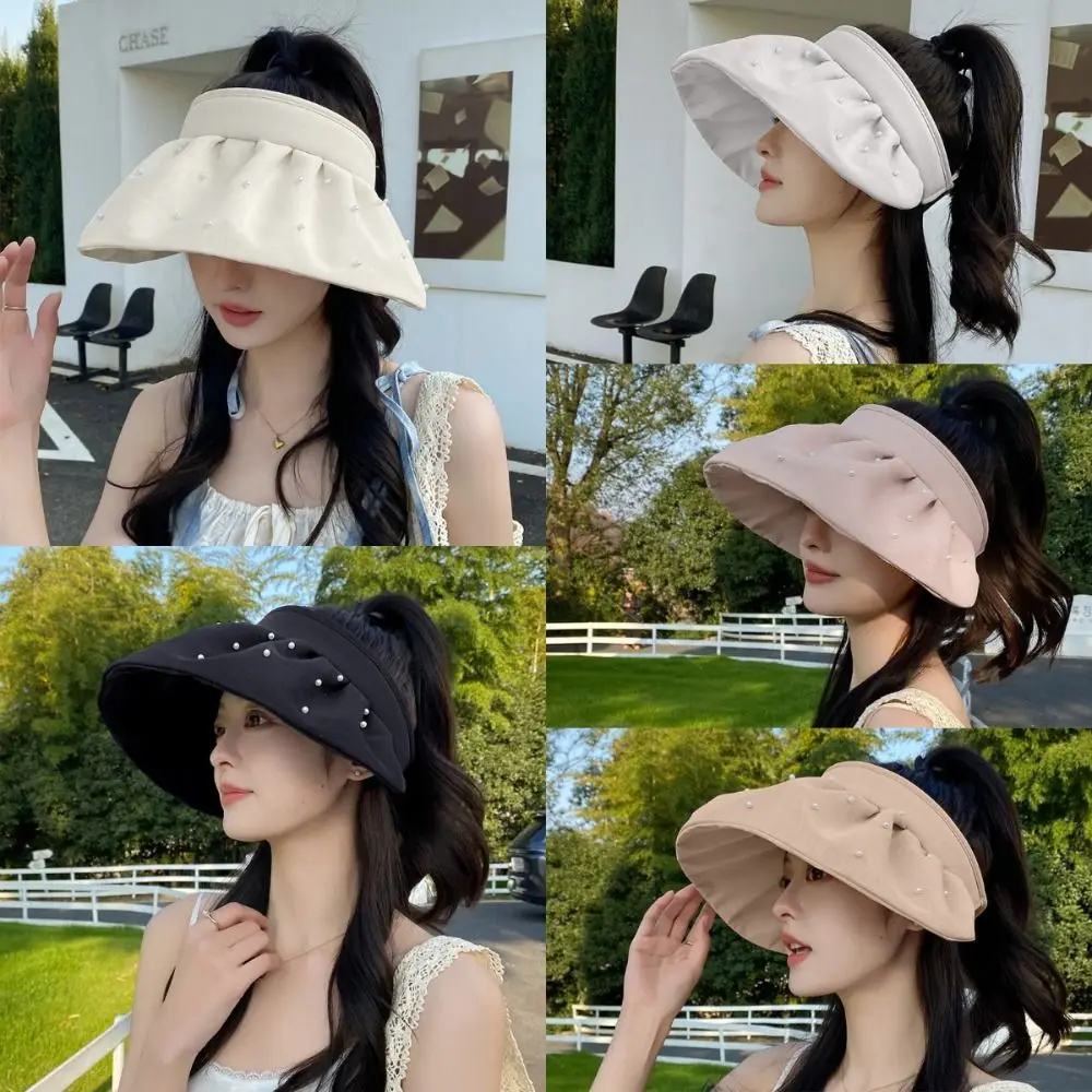 

Versatile Pearl Sunshade Hat UV Resistant Tied Ponytail Cycling Hat Breathable Large Brim Windproof Hat Summer