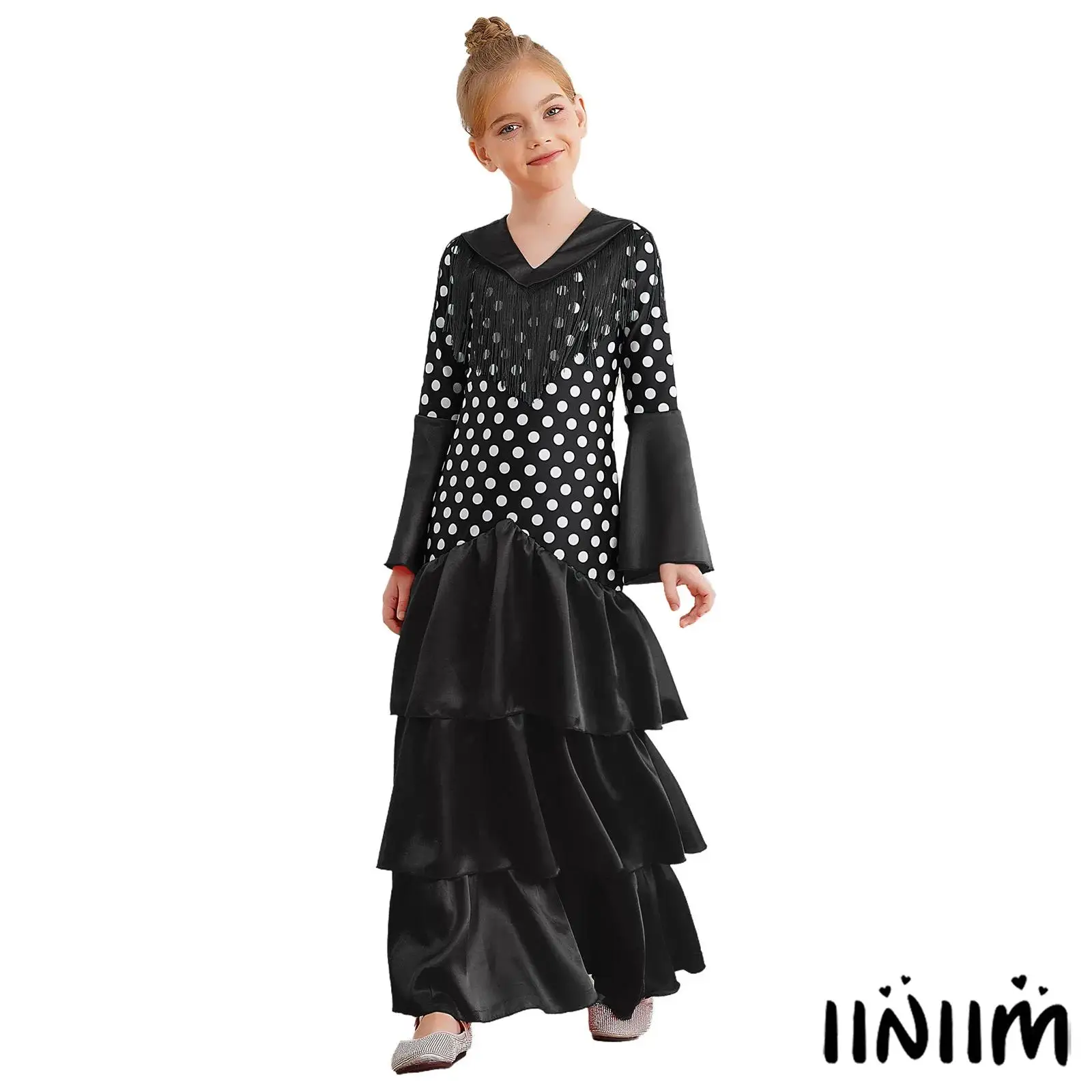 

Kids Girls Tango Latin Dance Outfit V Neck Flared Sleeve Tiered Ruffle Latin Dress Polka Dots Print Dress Salsa Chacha Dancewear