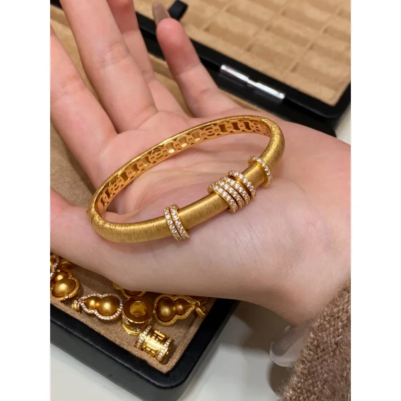 24k 999 gold bracelet with gold diamond accents, running ring clasp, women's bracelet, light luxury, simple, high-end jewelry
