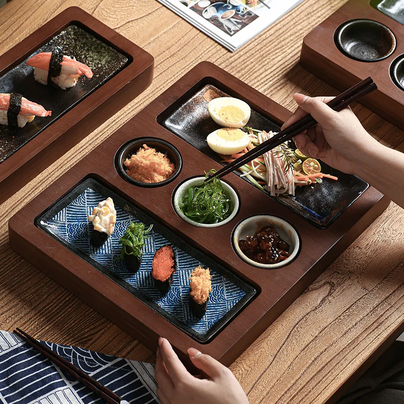 Ancient Trend Bamboo Tray + Random Matching Ceramic Dish Set Japanese Snack Fruit Plate Dessert Sushi Fried Chicken Platter Home