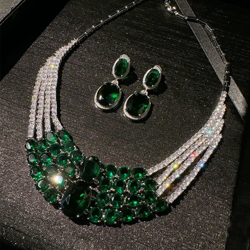 

Noble Elegant Women's Jewelry Accessories Vintage Emerald Egg-shaped Multi-layer Zircon Necklace And Earrings 2 Pieces Sets