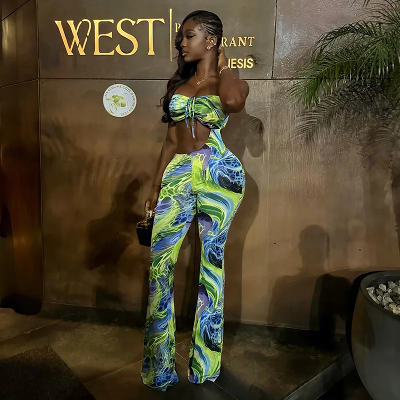 Unique Style Women's Printed Asymmetrical Sexy Strapless Jumpsuit With Laces, Fashionable Cropped Bodysuit