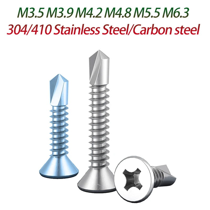 Self Drilling Screws Flat Head Phillips Carbon Steel & 304/410 Stainless Steel M3.5-M6.3 50pcs Wood Screws Fasteners