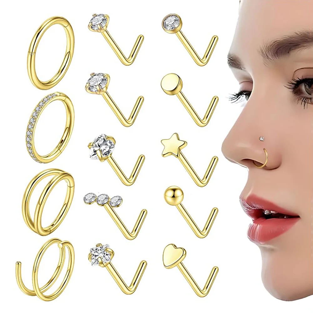14Pcs 20G Nose Ring Studs For Women 14K Gold Plated Nose Rings 316L Surgical Steel Gold Nose Rings 18G Nose Rings Hoops L Shaped