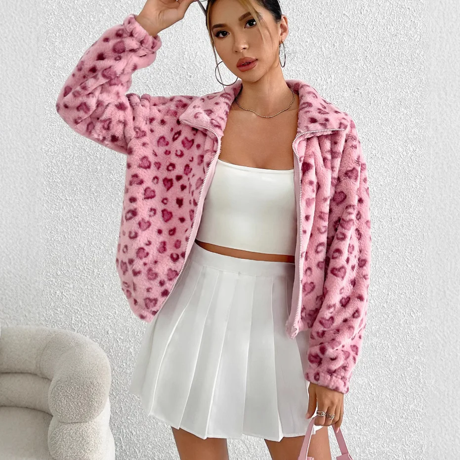Giacca da donna oversize in pile lucido con zip intera Stampa a cuore leopardato Manica lunga Ispirata Y2K Cappotto in peluche autunno inverno Pronto regalo