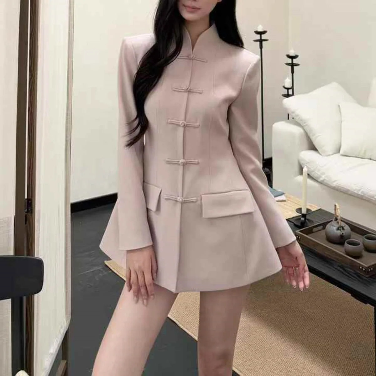 BJTZ Mode A-lijn Taille Blazer Jas Voor Vrouw 2025, Lente Herfst Nieuwe Single Breasted Stand Kraag Effen Kleur Vrouwelijke Kleding