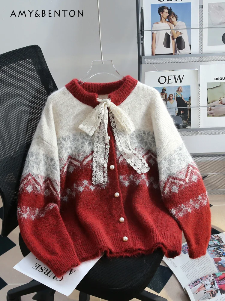 

Autumn Winter New Vintage Red Round Neck Sweater Cardigan for Women with Bow Tie Soft Loose Casual Gray Orange Knitted Coat