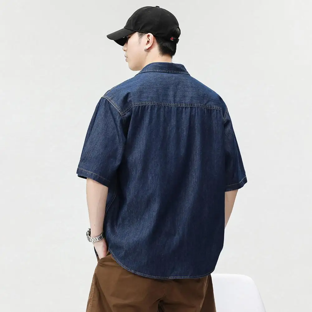 Button Down Denim Shirt Casual Short Sleeve V Neck Chambray Blouse Top Boyfriend Style Loose Fit Daily Wear Jean Shirt Beachwear