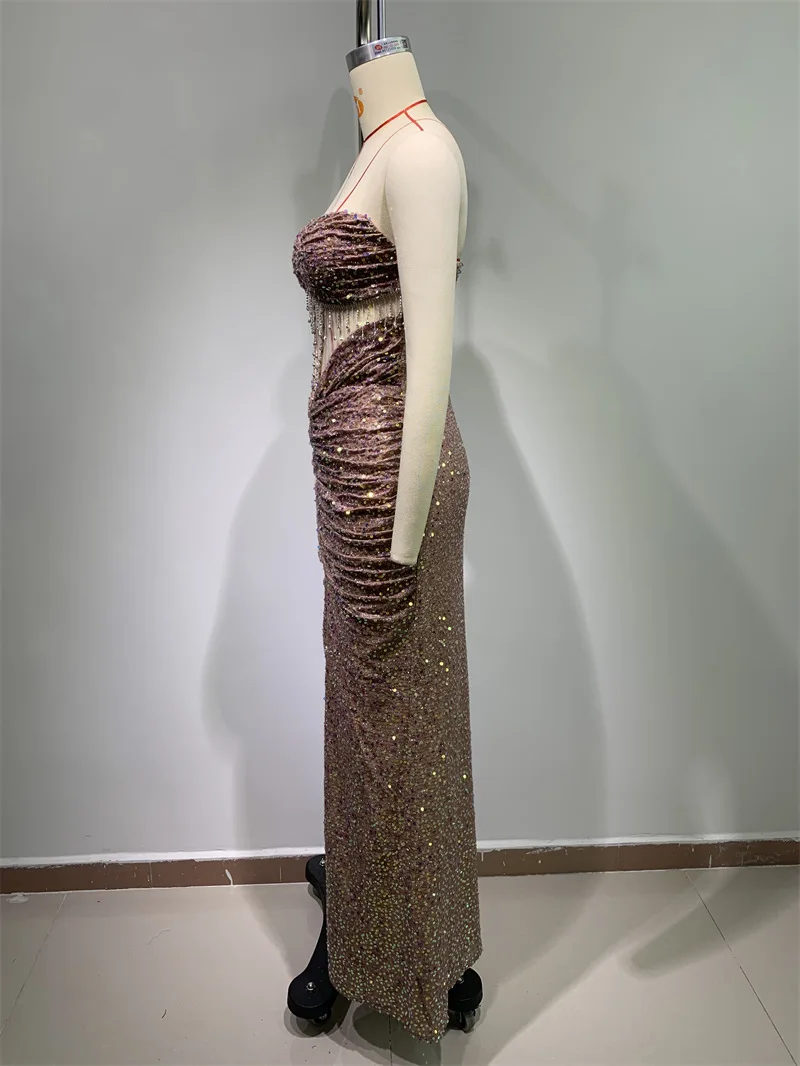 2025New Arrival Sexy Sheer Rhinestone Tassel Rose Gold Sequin Strapless Dress Fashion Socialite Party Gown