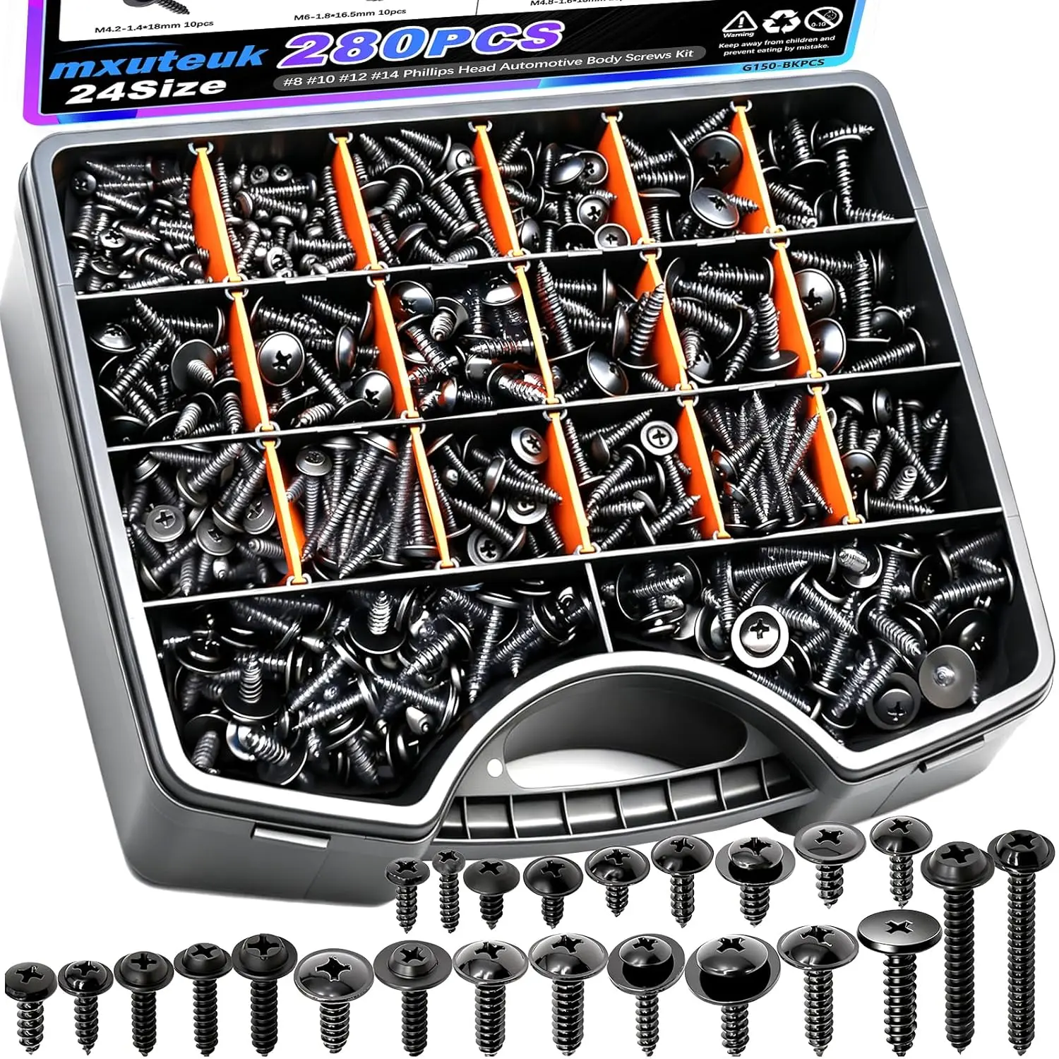 

280PCS Automotive Screws Kit,#8#10#12#14 Phillips Head Automotive Body Self Tapping Screws(24 Size)