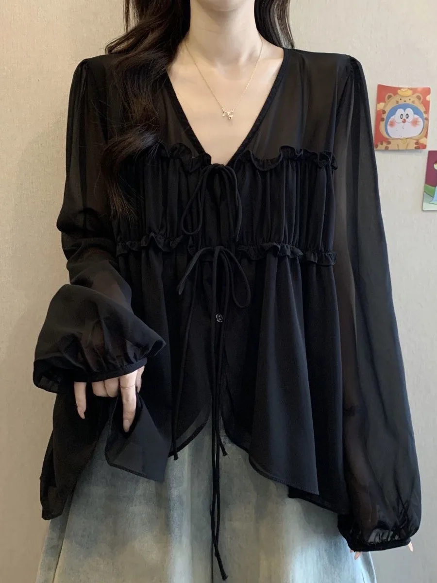 

French Sle V-Ne Pleated Chiffon Top plus Size Conceals Belly Slimming Age-Defng Summer irt for plus Size Women