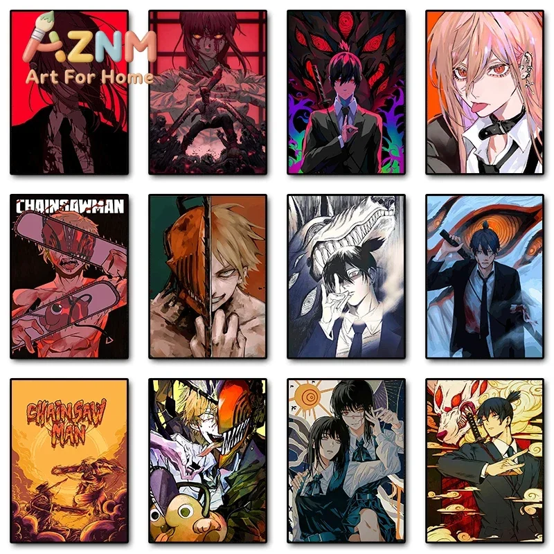 AZNM, cuadro en lienzo con motivos de la serie de anime Chainsaw Man, con las figuras de Makima, Denji y Aki Power, impresión en lienzo, decoración de pared para dormitorio, póster.