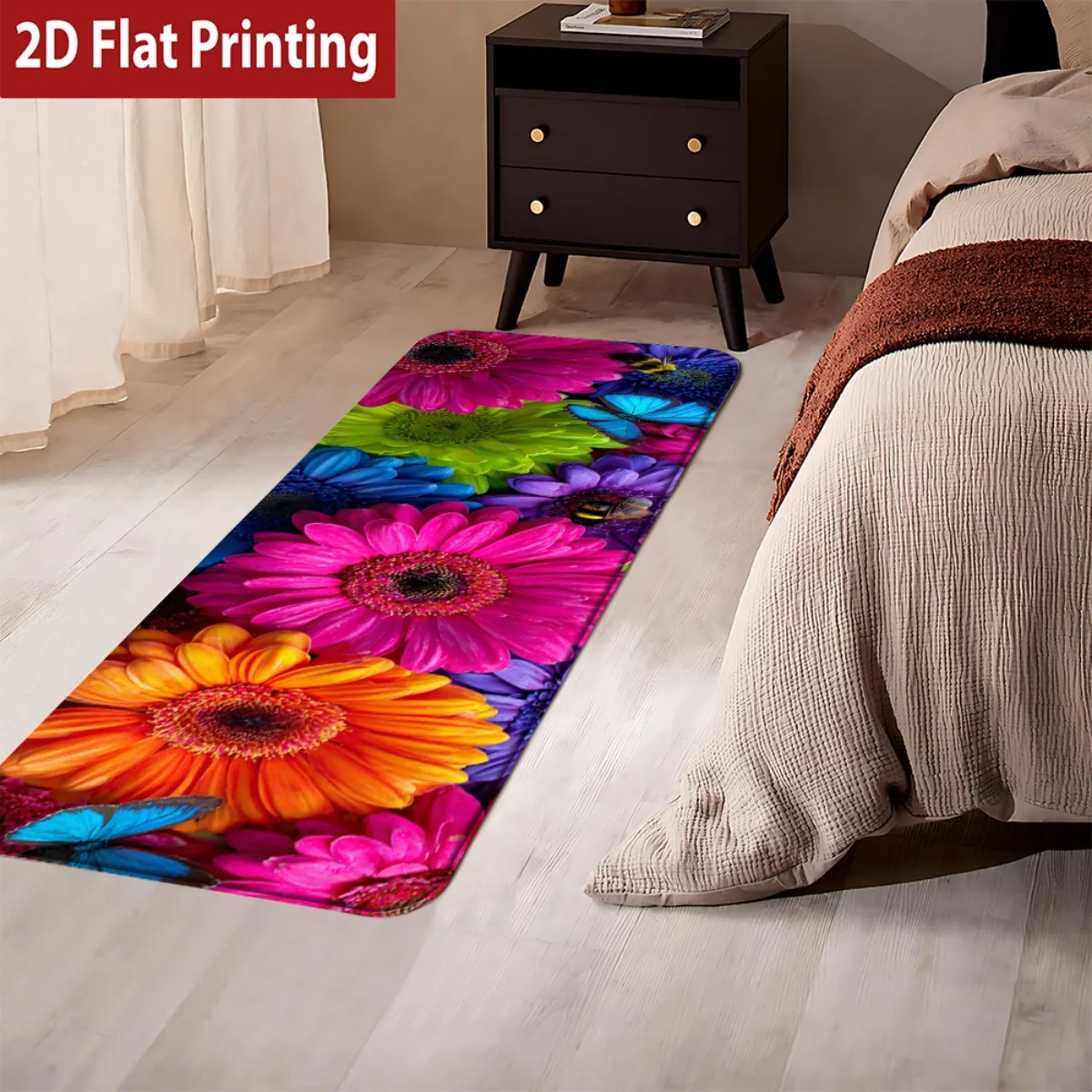 Bright Rainbow Gerbera Daisy Runner Mat Anti Slip Water Absorbent Rug Floral Insect Decor Carpet Bedroom Bedside Kitchen Sink