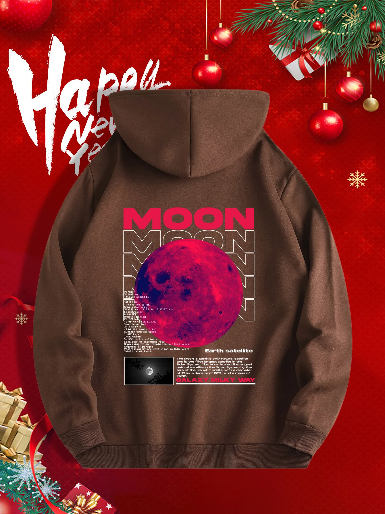 Red Moon Letter Print Men Hooded Sweatshirt Autumn Winter Daily Outdoor Sports Loose All Build Fitness Leisure Warm Street Style