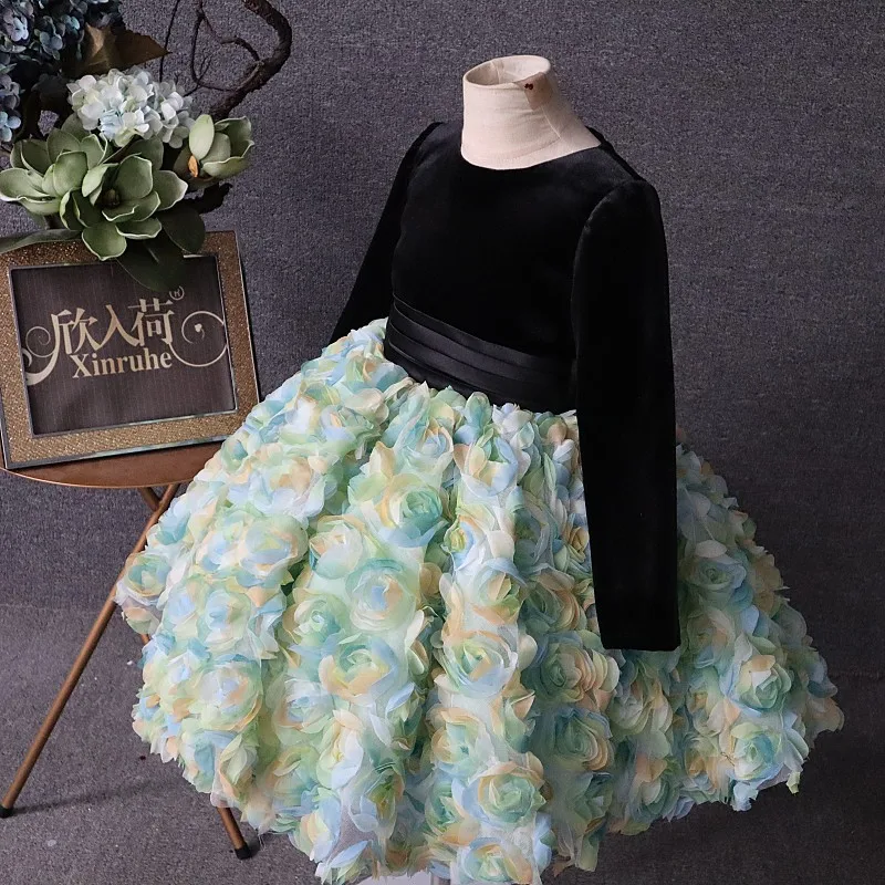 New Kids Dress for Girls Wedding petal Girl velvet Dress Long sleeved Princess Party Pageant Formal Gown For Teen Children Dress