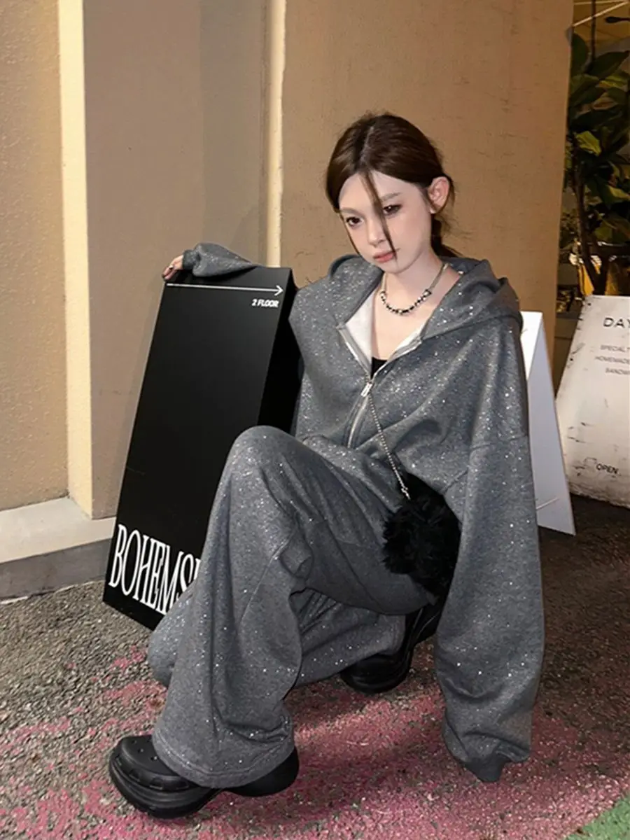 

Корейский стиль: спортивный свободный кардиган и брюки, женский осенний повседневный комплект из двух предметов, маленький размер, с длинными рукавами, на молнии, с капюшоном