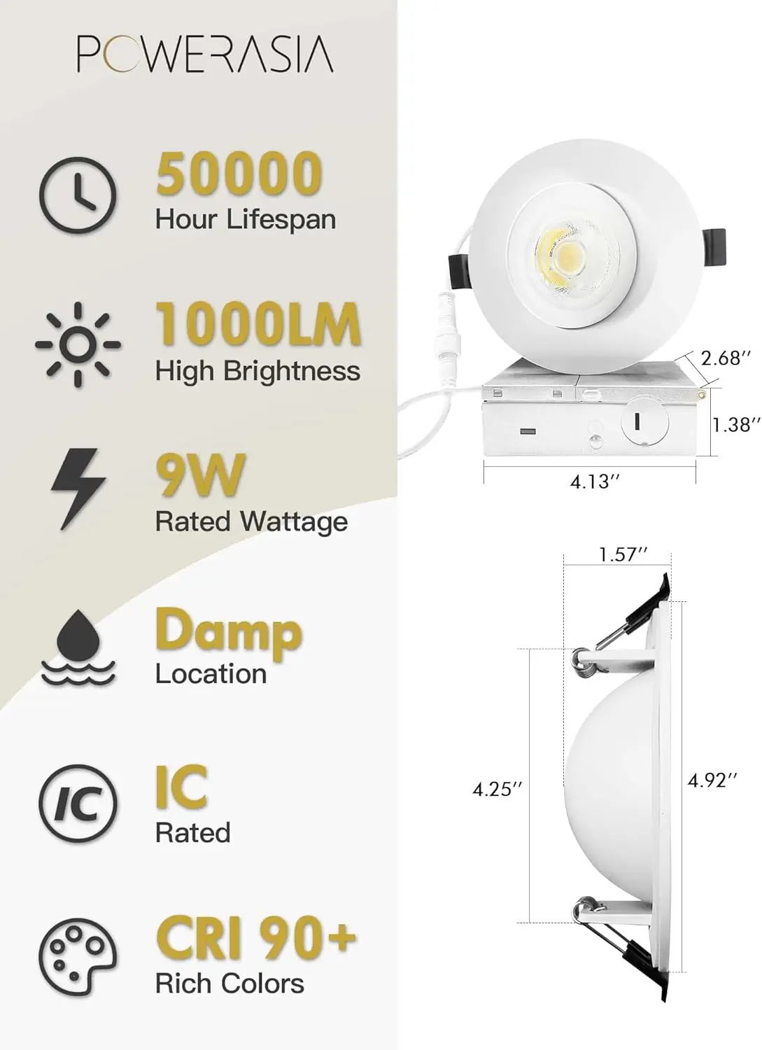 12 Pack 4 Inch Gimbal LED Recessed Lighting with Junction Box, 5CCT 2700K-6000K Selectable, 360°+90° Adjustable Directional