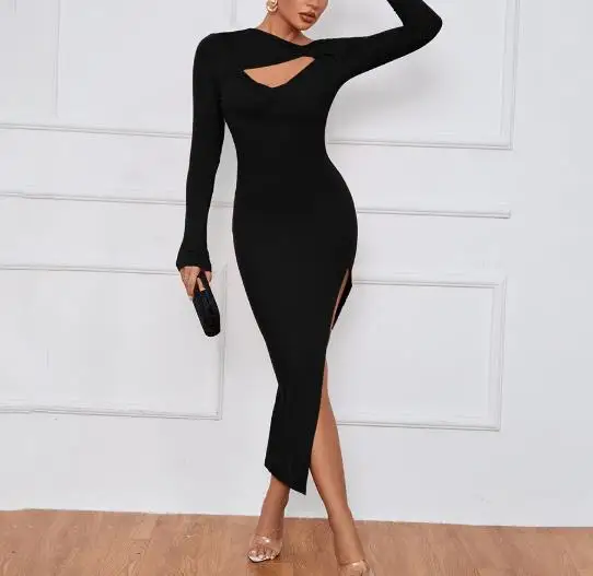 

Tight Fitting Women's Dress Summer Fashion Sexy Elegant Hollow Neckline High Slit Design Tight Fitting Hip Hugging Dress