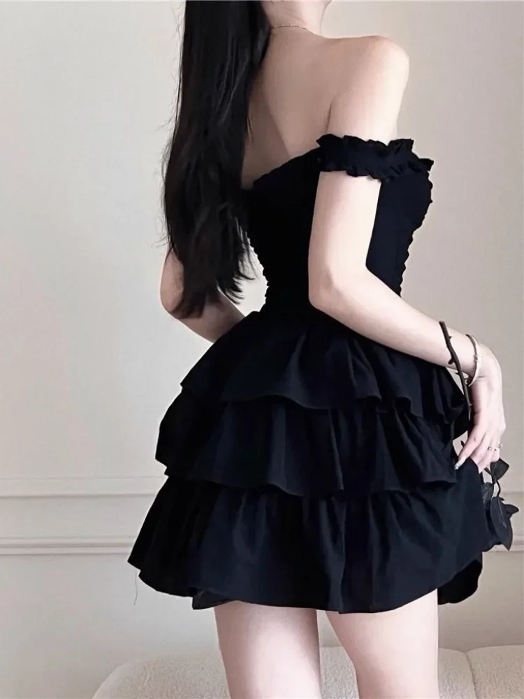 QWEEK 2023 Gothic Lolita Kawaii Slip Dress Soft Girl Goth Harajuku Off Shoulder Backless Sexy Black Ruffles Party Dresses Y2k