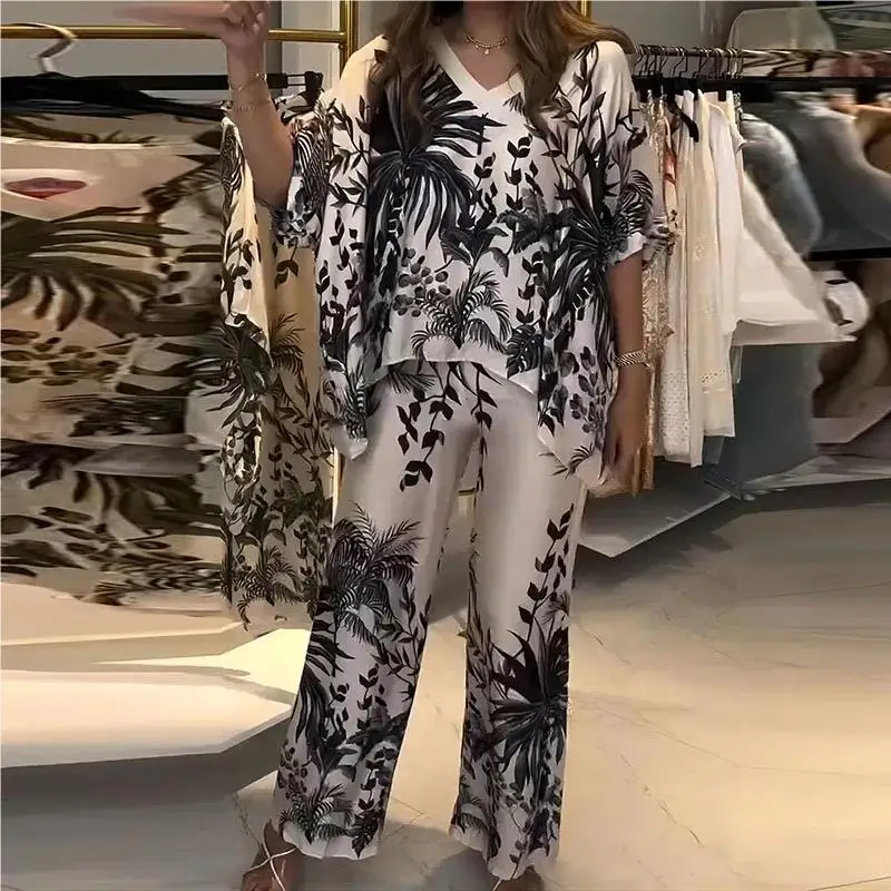 Elegant Two Piece Office Suit 2024 Women Graphic Loose Outfit Lady Fashion V-Neck Short Sleeved Blouse Tops&Wide Leg Pants Set