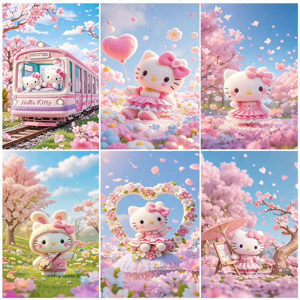 

Cartoon Sanrio Hello Kitty Background Supplies Pink Flowers Balloon Backdrop Kid Bedroom Door Wall Party Decor Photo Shoot Prop