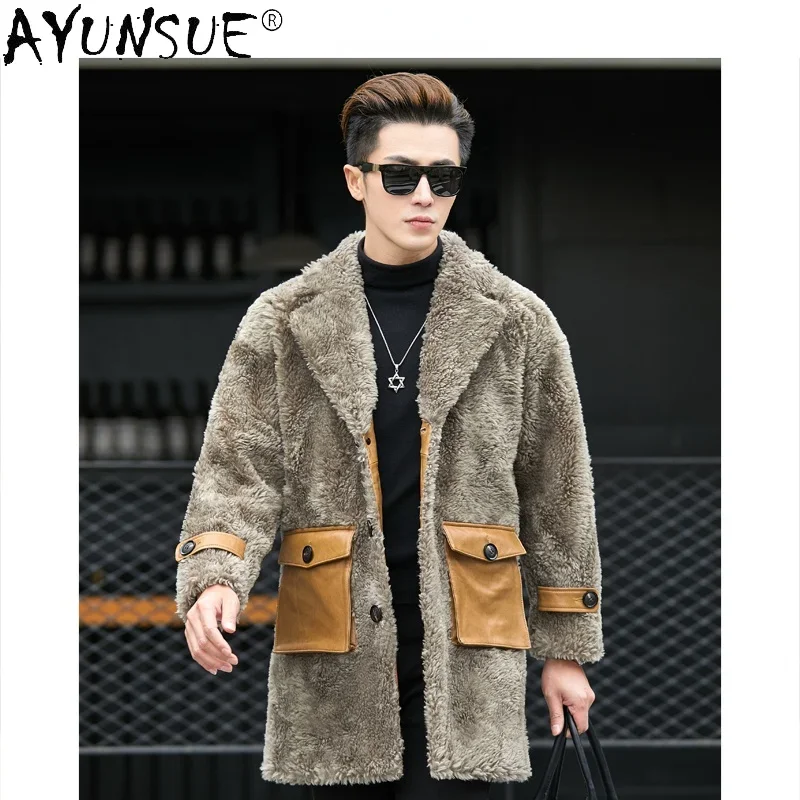 AYUNSUE Autumn Winter 100% Real Wool Jacket Men 2021 Casual Sheep Shearing Coat Male Long Men's Clothing Chaquetas Hombre Gxy796