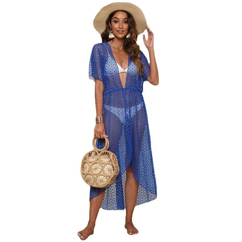 Seaside Resort Style Hollow Beach Cover-up Irregular Strap Cardigan Sexy See-through Lace Shirt Loose Bikini Cover-up