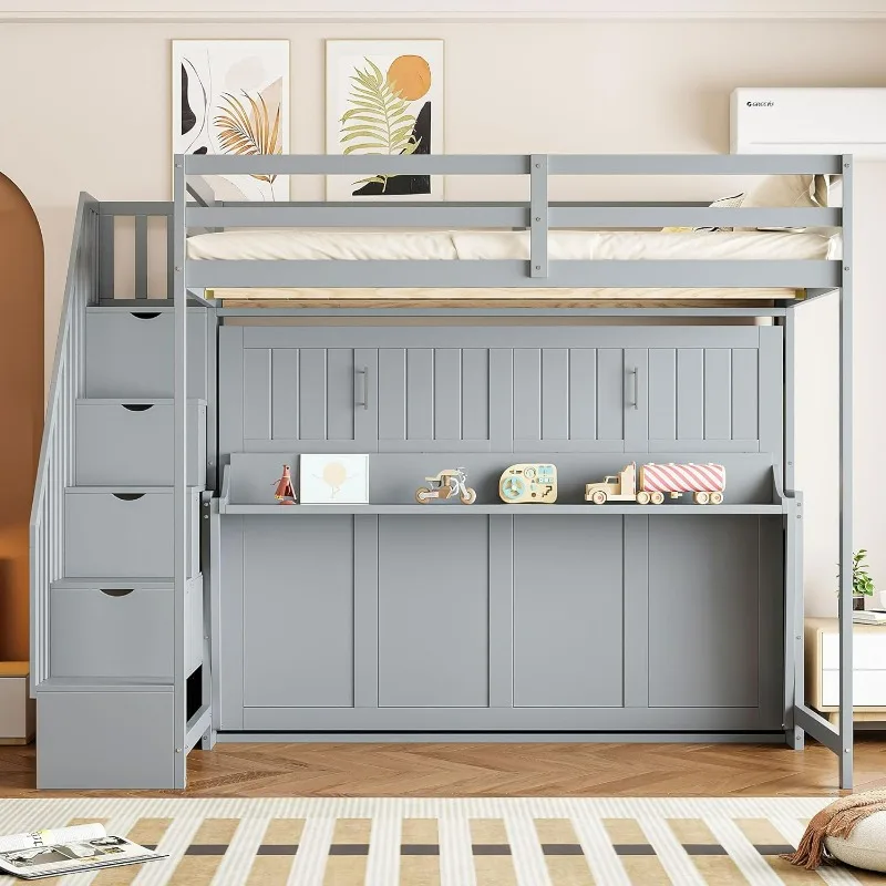 

Full Over Full Size Murphy Bed with Hydraulic Lift and Built-in Desk, Space-Saving Wall Bed with Desk Design, Ideal for Home